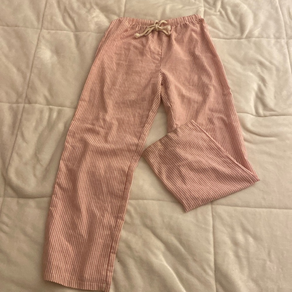 pink and white pin stripped linen pants